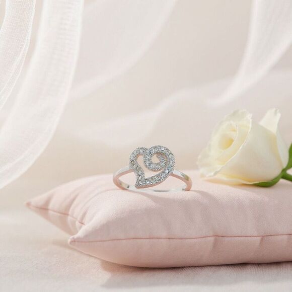 Sterling Silver Swirl Heart Ring – CZ Sparkle, Romantic Design - Picture 2 of 6